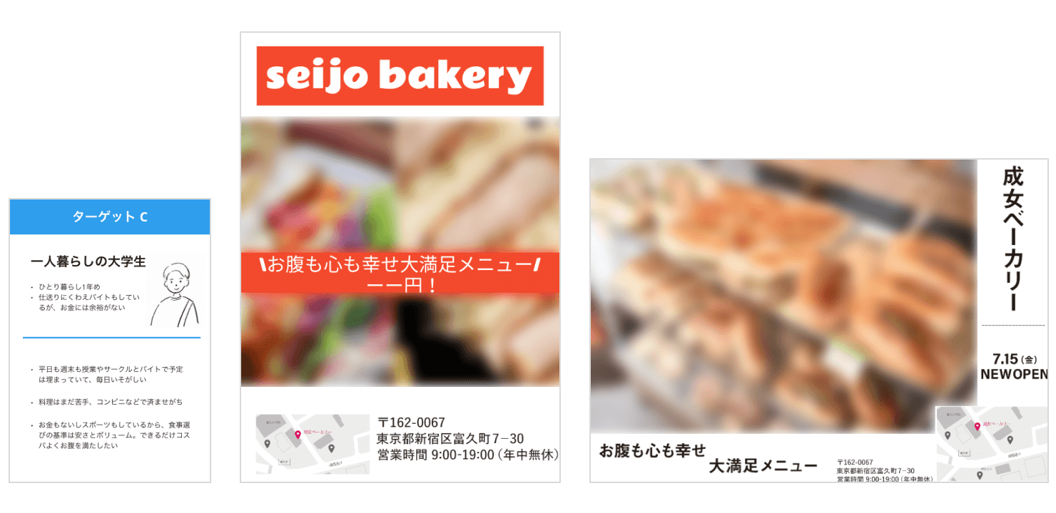 「編集」の授業で制作したターゲットペルソナのカードと仮想のパン屋「成女ベーカリー」チラシ。