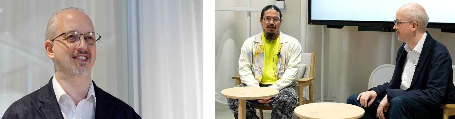 写真左:笑顔のクナップ・カルロスさん 写真右:インタビューの様子