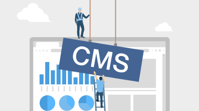 メインビジュアル。自社サイトにCMSを導入する様子が、イラストで描かれている。