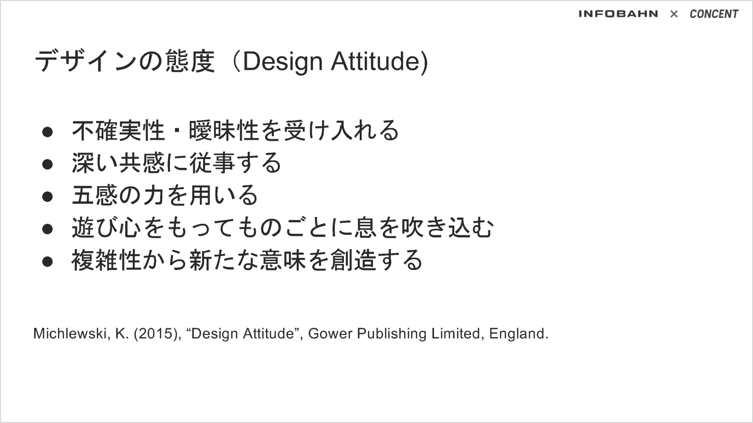 「デザインの態度(Design Attitude)の資料。次の5つのポイントが示されている。「不確実性・曖昧性を受け入れる」「深い共感に従事する」「五感の力を用いる」「遊び心をもってものごとに息を吹き込む」「複雑性から新たな意味を創造する」。