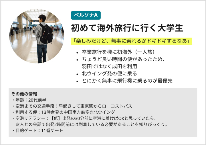 ペルソナシートA:「楽しみだけど、無事に乗れるかドキドキするなあ」卒業旅行を機に初海外(一人旅)。ちょうど良い時間の便があったため、羽田ではなく成田を利用。北ウイング発の便に乗る。とにかく無事に飛行機に乗るのが最優先。以下はその他の情報。年齢:20代前半。空港までの交通手段:早起きして東京駅からローコストバス。利用する便:13時台発の中国南方航空@北ウイング。空港リテラシー:【低】出発の30分前に空港に着けばOKと思っていたら、友人との会話で出発2時間前には到着している必要があることを知りびっくり。目的ゲート:11番ゲート。