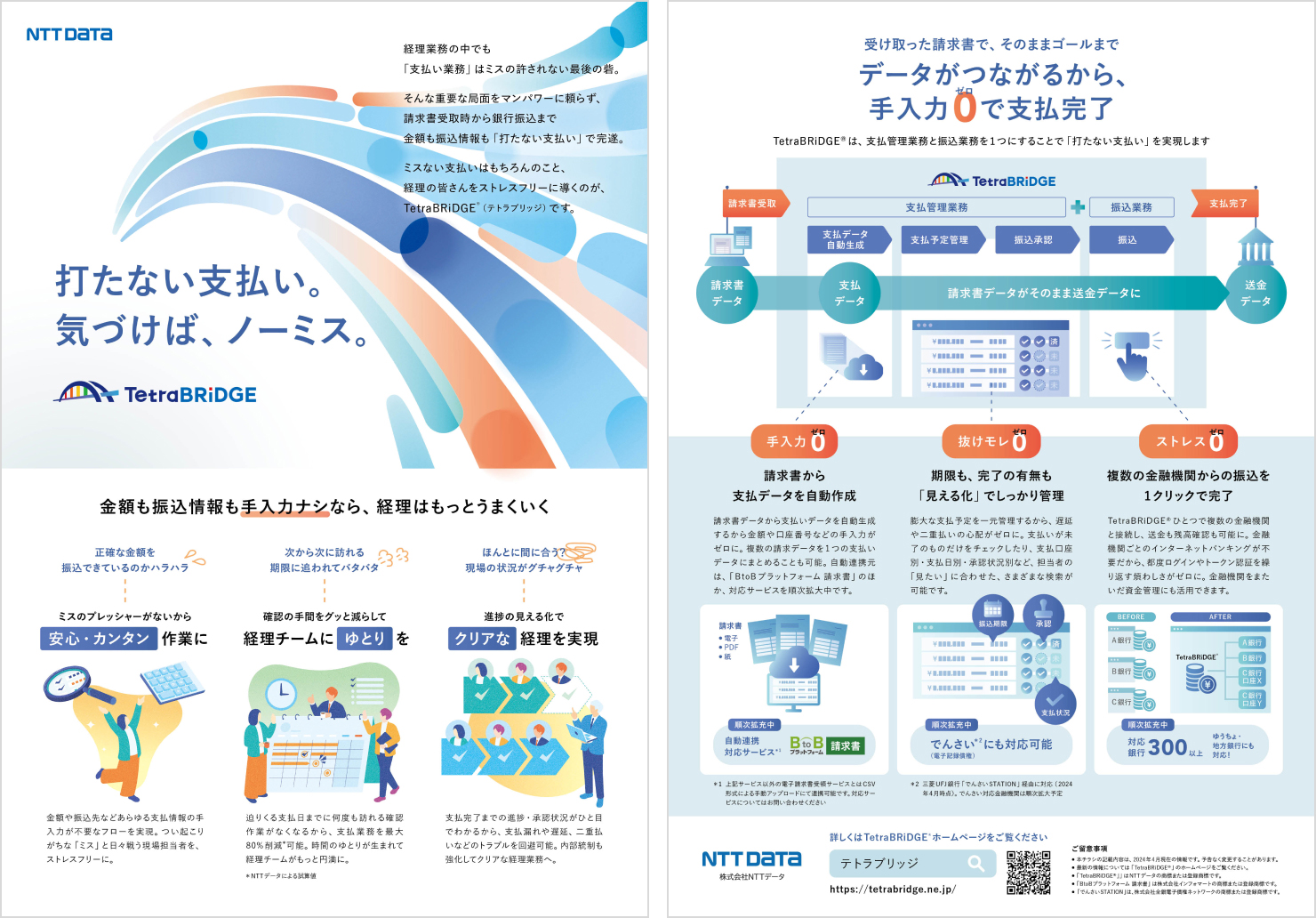 フライヤーのデザイン。表面には「金額も振込情報も手入力ナシなら、経理はもっとうまくいく」というTetraBRiDGE®︎の価値が簡潔に記載されており、裏面はどのような仕組みで手入力ナシを実現するかの方法が記載されている。