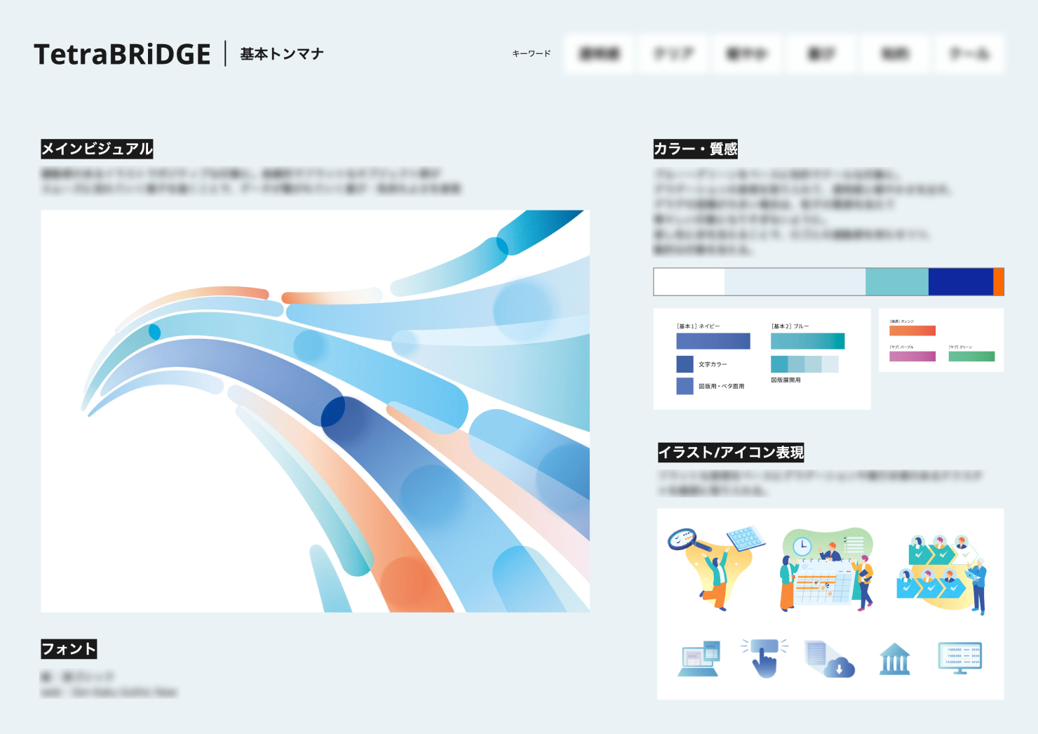 TetraBRiDGE®︎のトーン&マナーについてまとめた資料。「透明感」「クリア」「軽やか」などトーン&マナーのキーワードや、メインビジュアル、使用するフォント、クリエイティブで表現する際のカラー・質感、イラストやアイコン表現について定義されている。