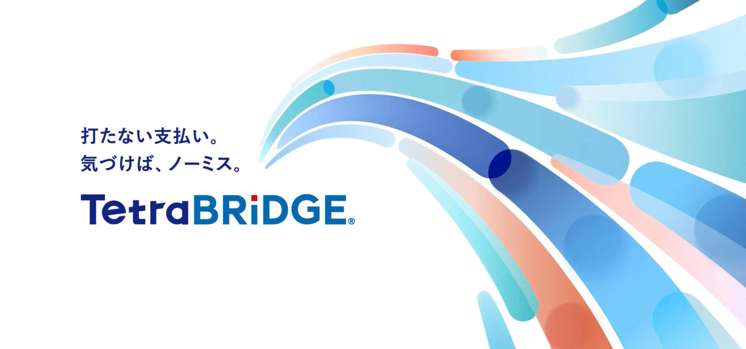 TetraBRiDGE®︎のメインビジュアルである流線形のモチーフとロゴ、「打たない支払い。気づけば、ノーミス。」のコピーが配置されている。