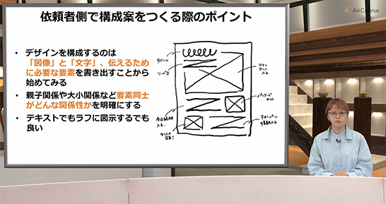 コンセントとKIYOラーニングとの共同開発eラーニング「ビジネスパーソンが身につけるべきデザイン依頼の基本」の1シーン。