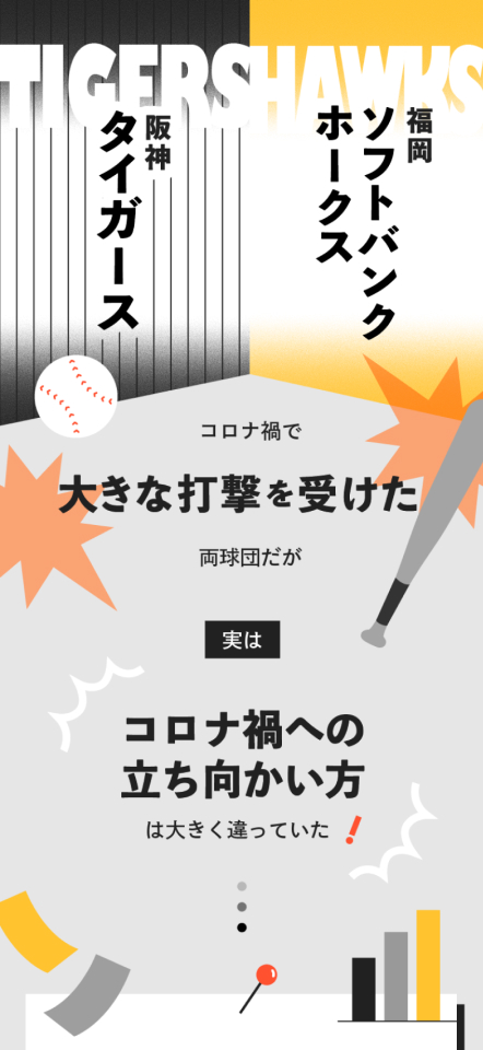 （8枚中6枚目）：「ソフトバンクホークスとタイガースのコロナ禍への立ち向かい方」をテーマとしたニュース記事のビジュアル