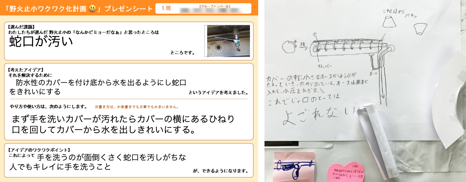 生徒たちのプレゼンシートとプロトタイピングの図。