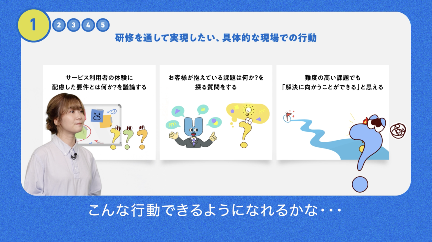 動画のキャプチャ。悩む表情のキャラクターと、字幕「こんな行動できるようになれるかな…」。