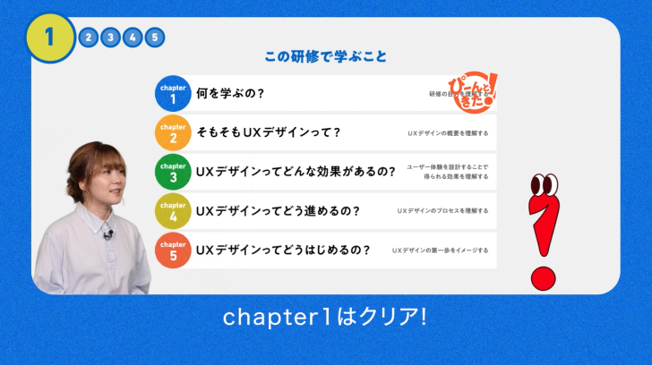 動画のキャプチャ。講義が終了した様子。字幕「チャプター1はクリア!」