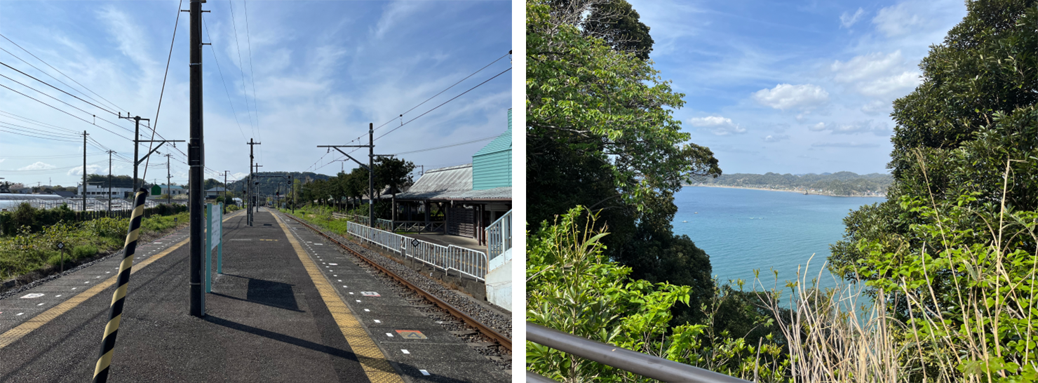 最寄駅の風景とホテルまでの道中で見える海の写真。