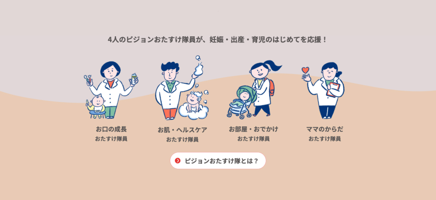 サイトのキャプチャ。サイトトップに登場する、4人のピジョンおたすけ隊