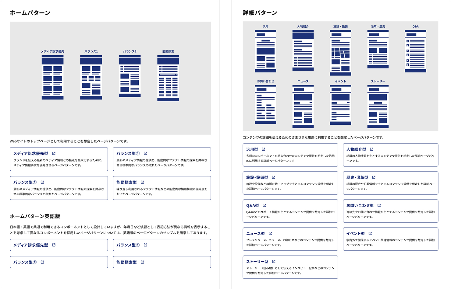 「Webスタイルガイド」の「ページパターン」内、「ホームパターン」と「詳細パターン」のスクリーンショット。