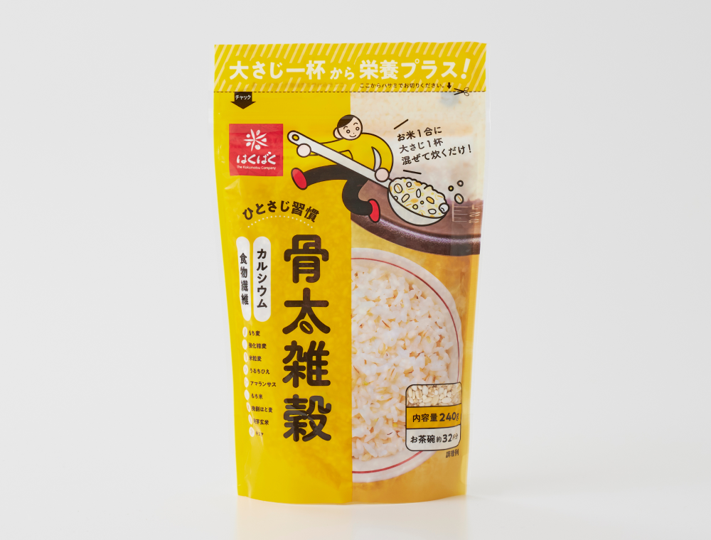 新商品「ひとさじ習慣骨太雑穀」のリニューアルしたパッケージデザインの画像。