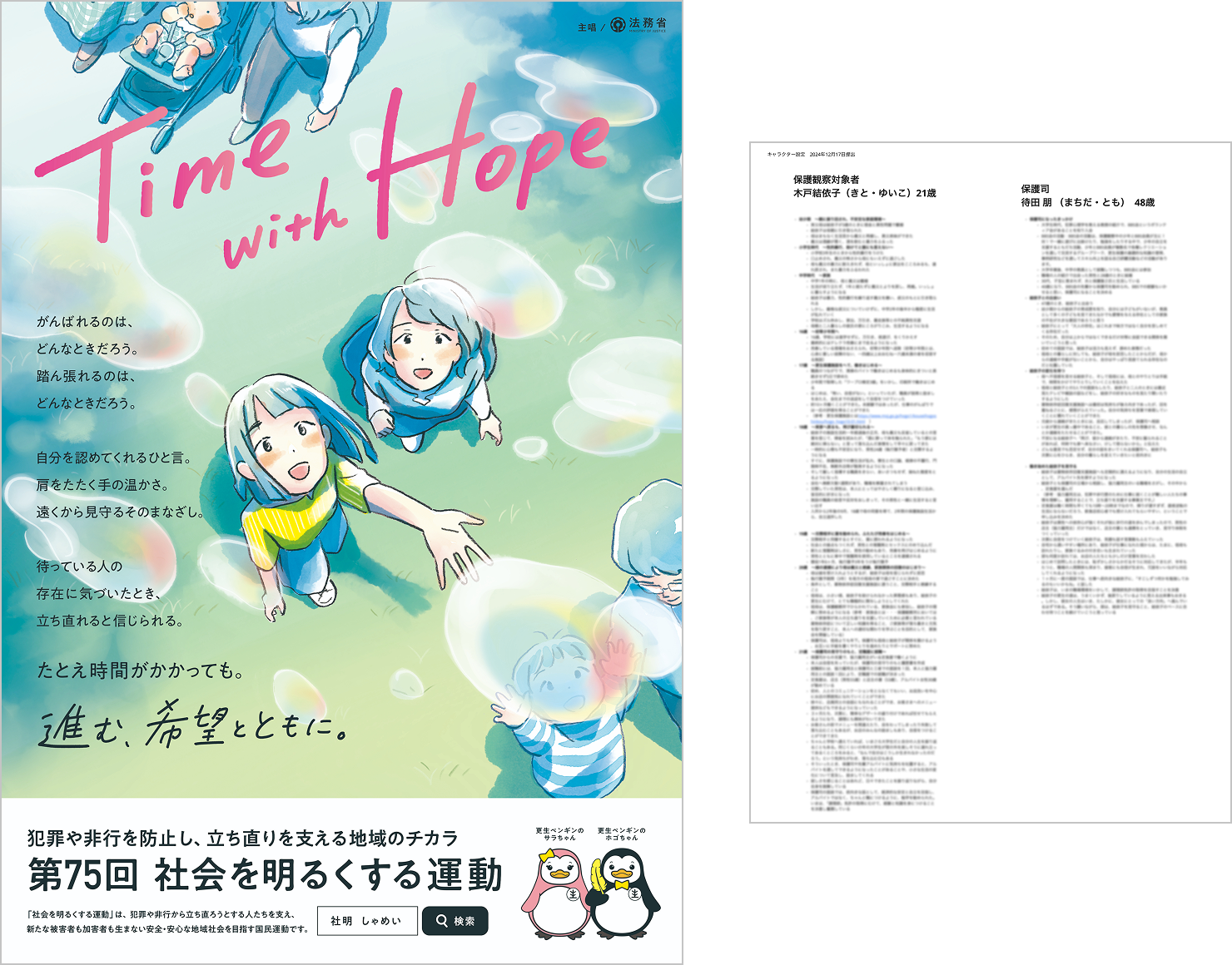 “Time with Hope”というメッセージが描かれた本運動のポスターと人物設定資料。