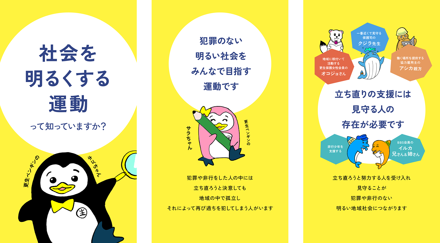 「ホゴちゃん」というペンギンのキャラクターを使った、運動を紹介する明るい印象のビジュアル。