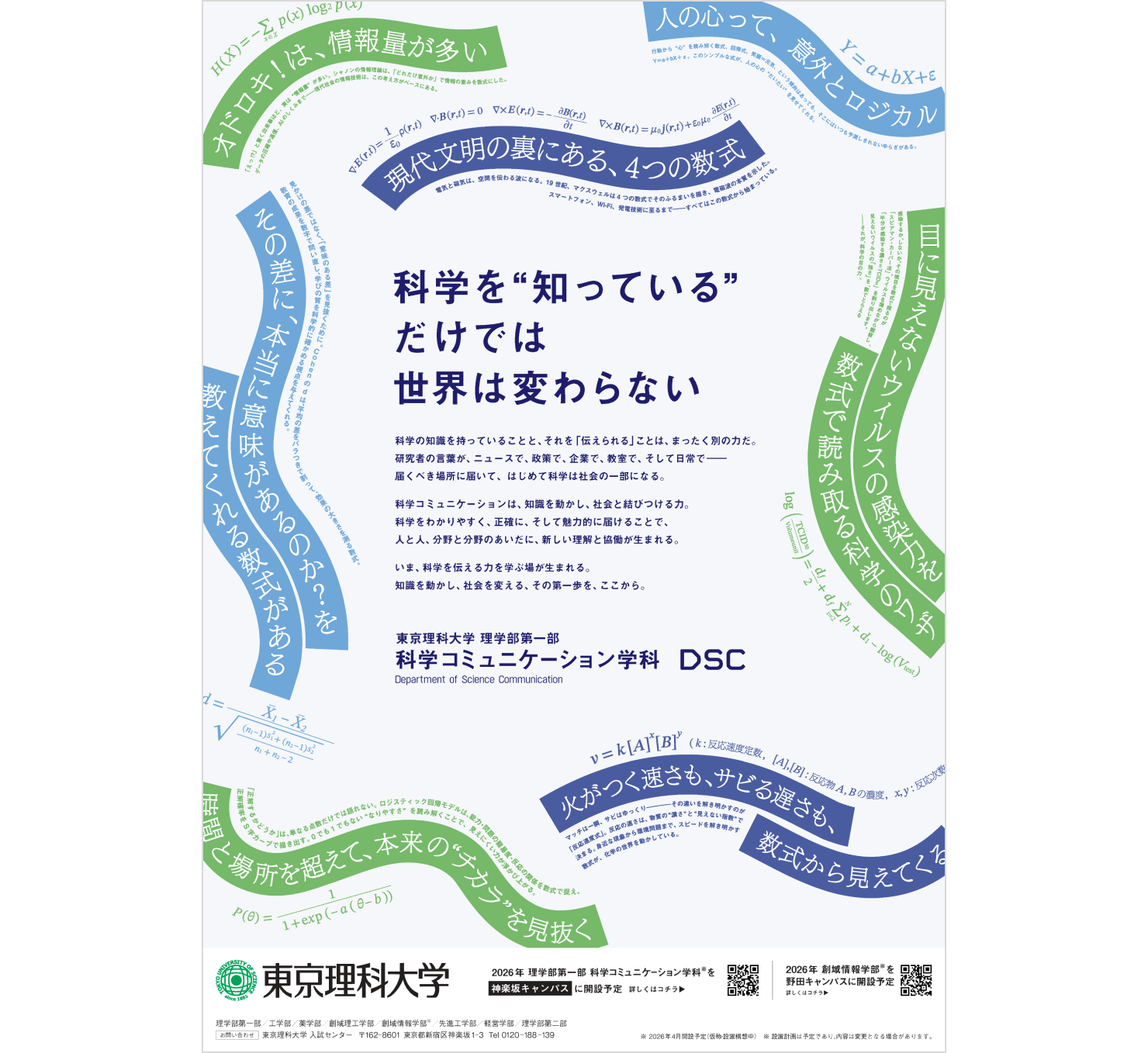 ポスターのビジュアル。「科学を“知っている”だけでは世界は変わらない」というメインコピーが中心に配され、周囲に「時間と場所を超えて、本来の“チカラ”を見抜く」「人の心って、意外とロジカル」というような、科学コミュニケーション学部で学ぶことを連想させるキーワードが配置されている。