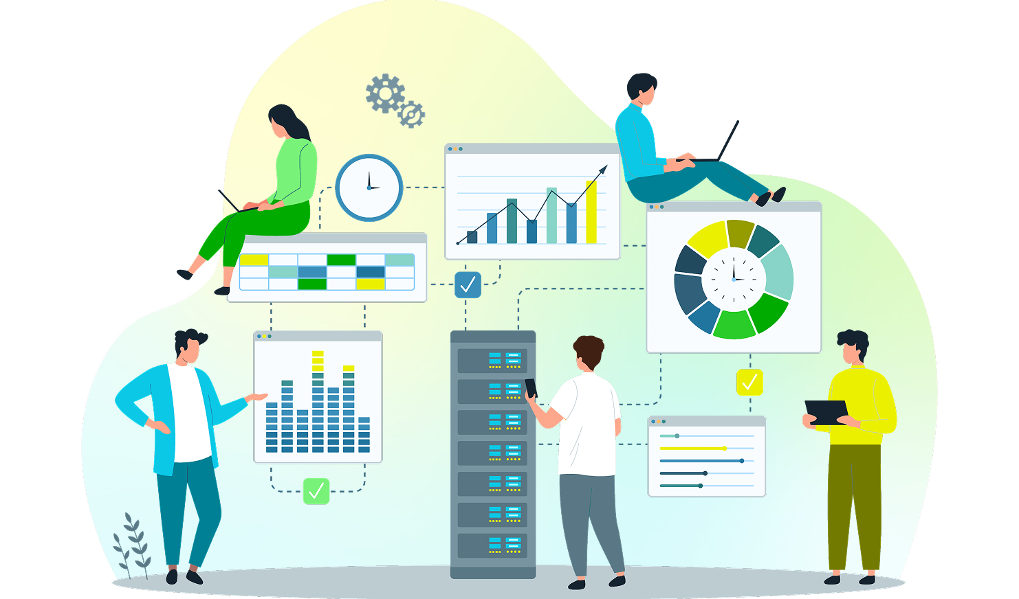 Webサイト運用のためにサーバーやデータを管理する複数人のイラスト