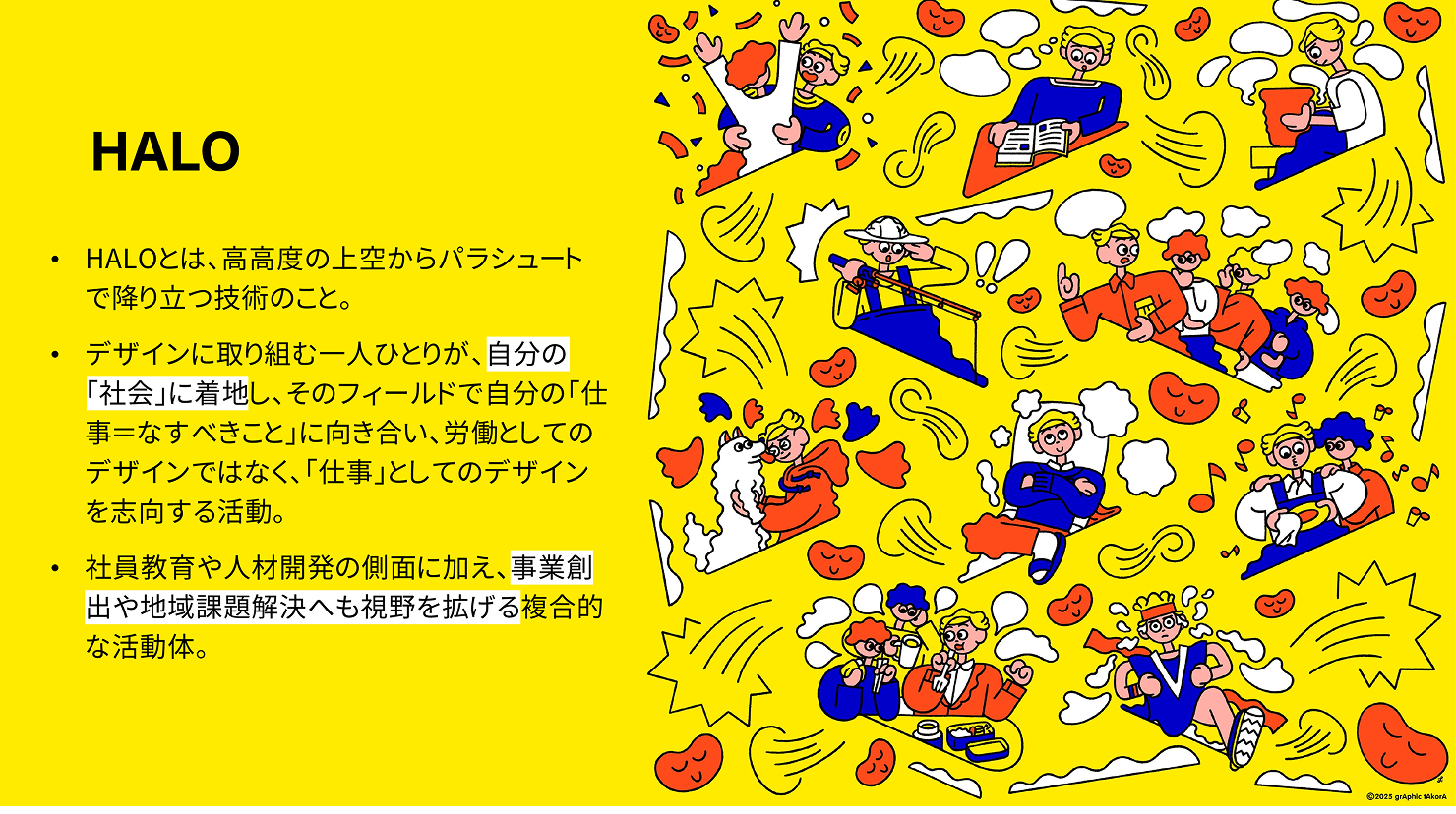 スライド:コンセントの取り組み「HARO」のイメージイラスト。さまざまな人物が、活発に活動したり会話している様子が描かれている。