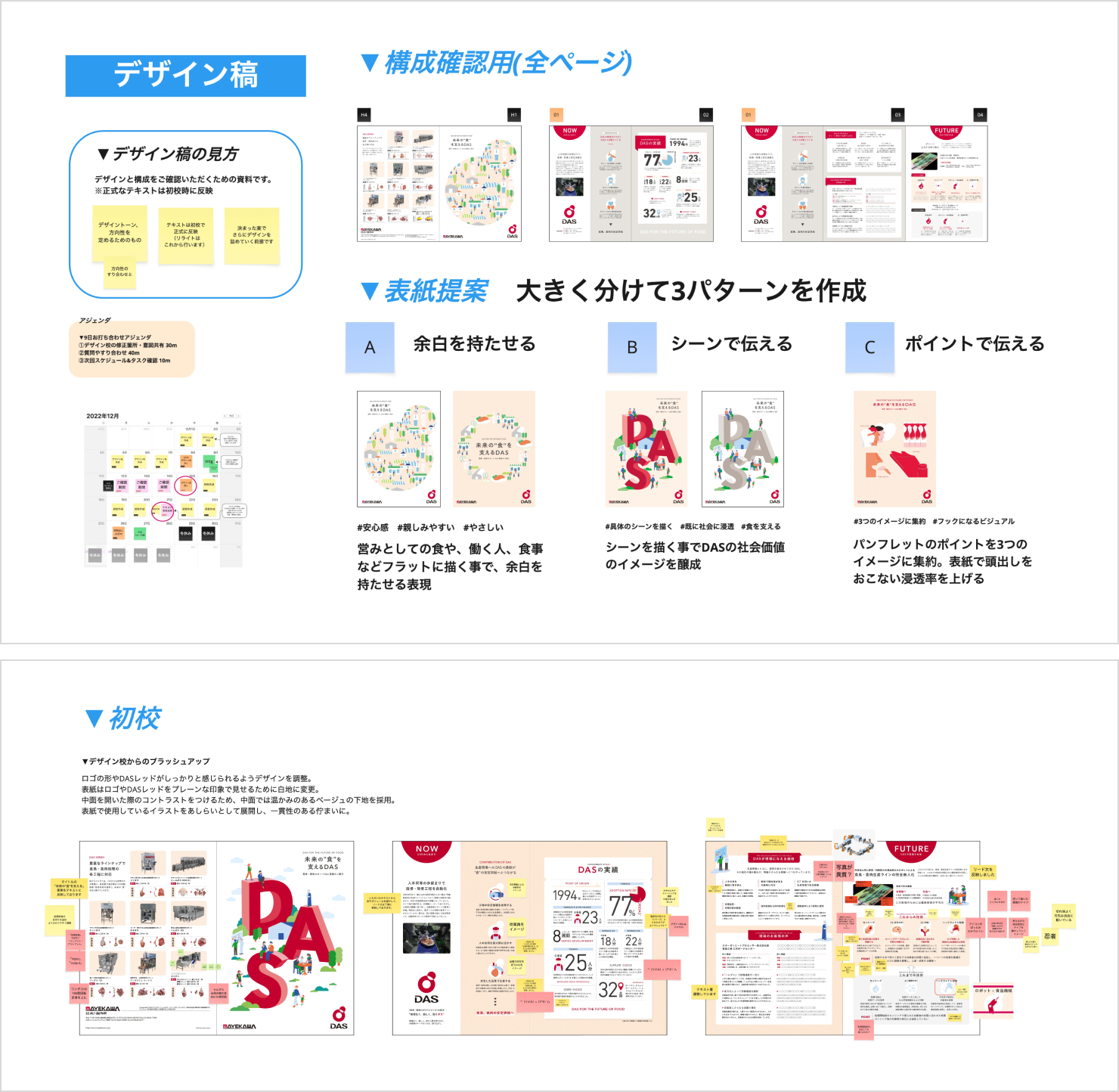 オンラインホワイトボードのキャプチャ2点。上の画像:デザイン稿では、全ページの構成と表現の方向性が違う3パターンの表紙を提案している。下の画像:初校時のレイアウトに、申し送りとクライアントからのフィードバックが付箋で貼られている。