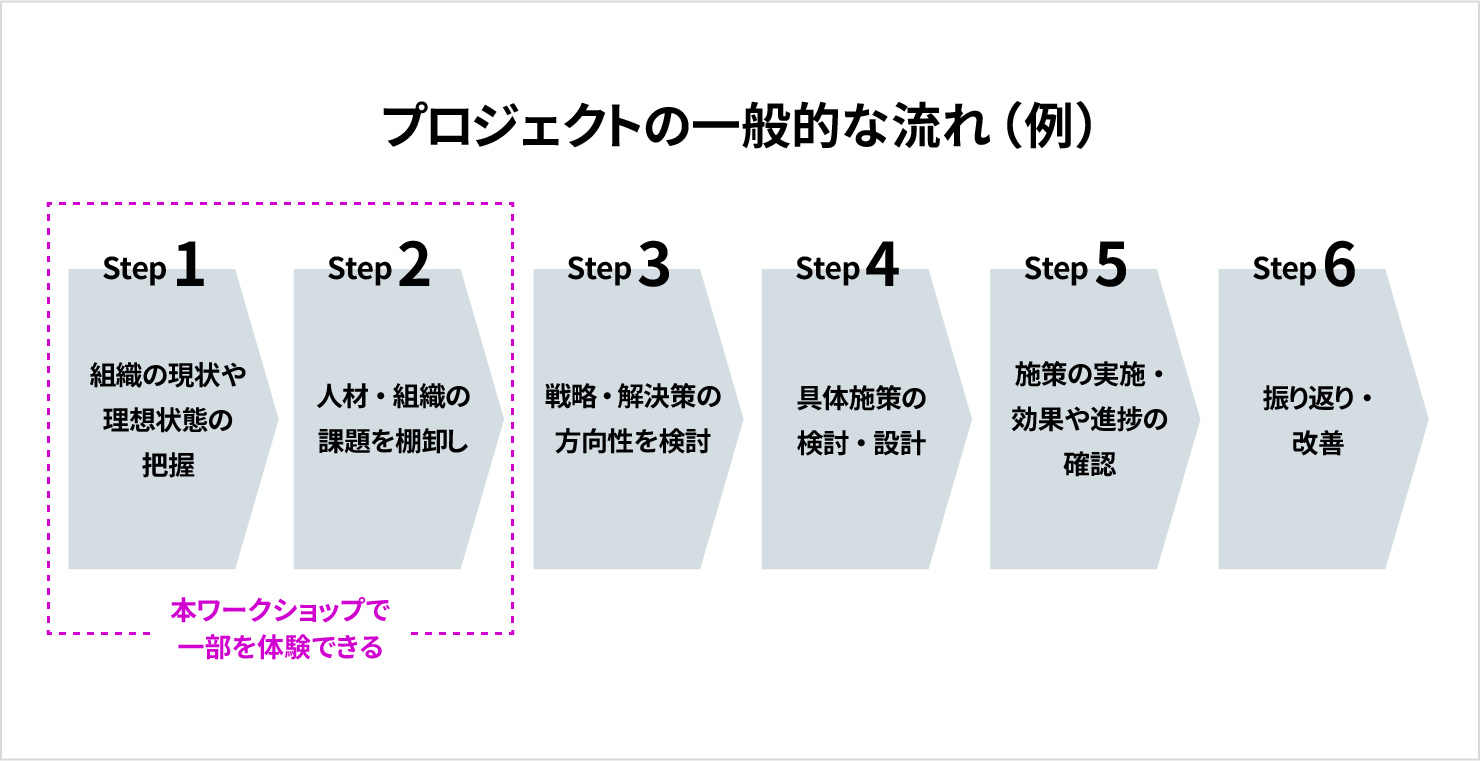 Step1からStep6までを矢羽で表した図。それぞれのStepは以下の通り。Step1:組織の現状や理想状態の把握 Step2:人材・組織の課題を棚卸し Step3:戦略・解決策の方向性を検討 Step4:具体施策の検討・設計 Step5:試作の実施・効果や進捗の確認 Step6:振り返り・改善