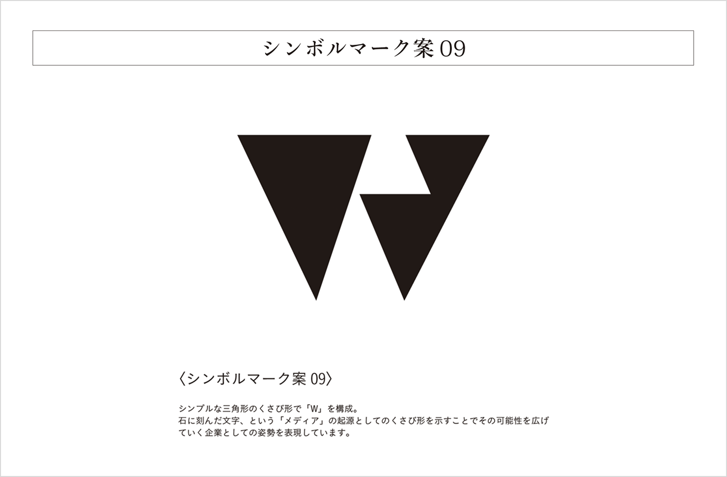 採用されたシンボルーマーク案。ウェッジの頭文字「W」を三角形のくさび形をつかって表現している。石に刻んだ文字、という「メディア」の起源としてのくさび形を使うことで、その可能性を広げていく企業としての姿勢を表現している。