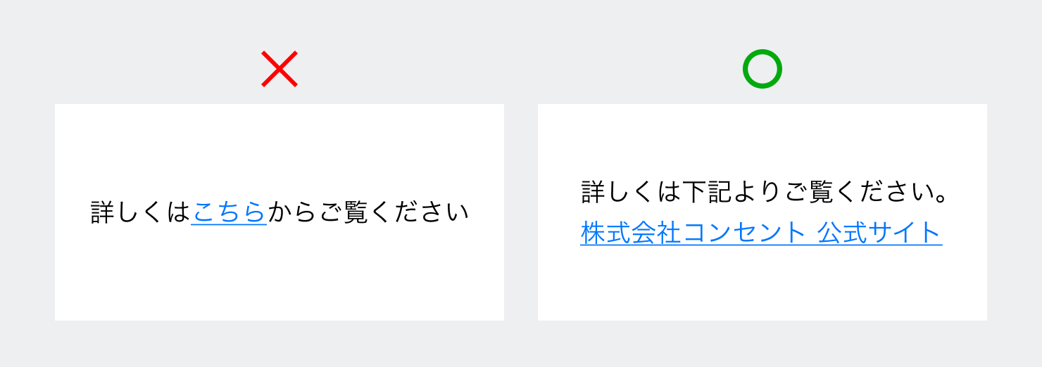 テキストリンクの悪い例と良い例を示した画像。悪い例では「詳しくはこちらからご覧ください」と書かれたものが、良い例では「詳しくは下記よりご覧ください。（改行）株式会社コンセント 公式サイト」と書かれている。