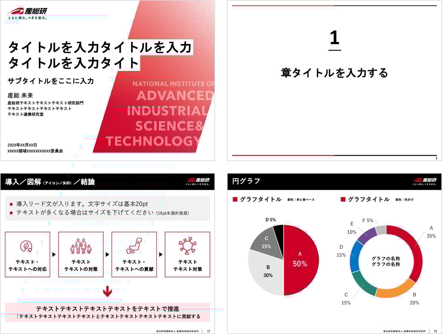 テンプレートの一部抜粋。表紙、章タイトル、図解、円グラフの適切な作成方法が示されている。