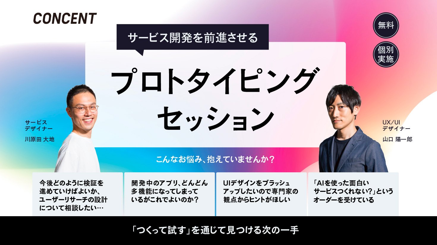 「サービス開発を前進させるプロトタイピングセッション」のサービス名と、両サイドに担当者の山口・川原田のポートレート。