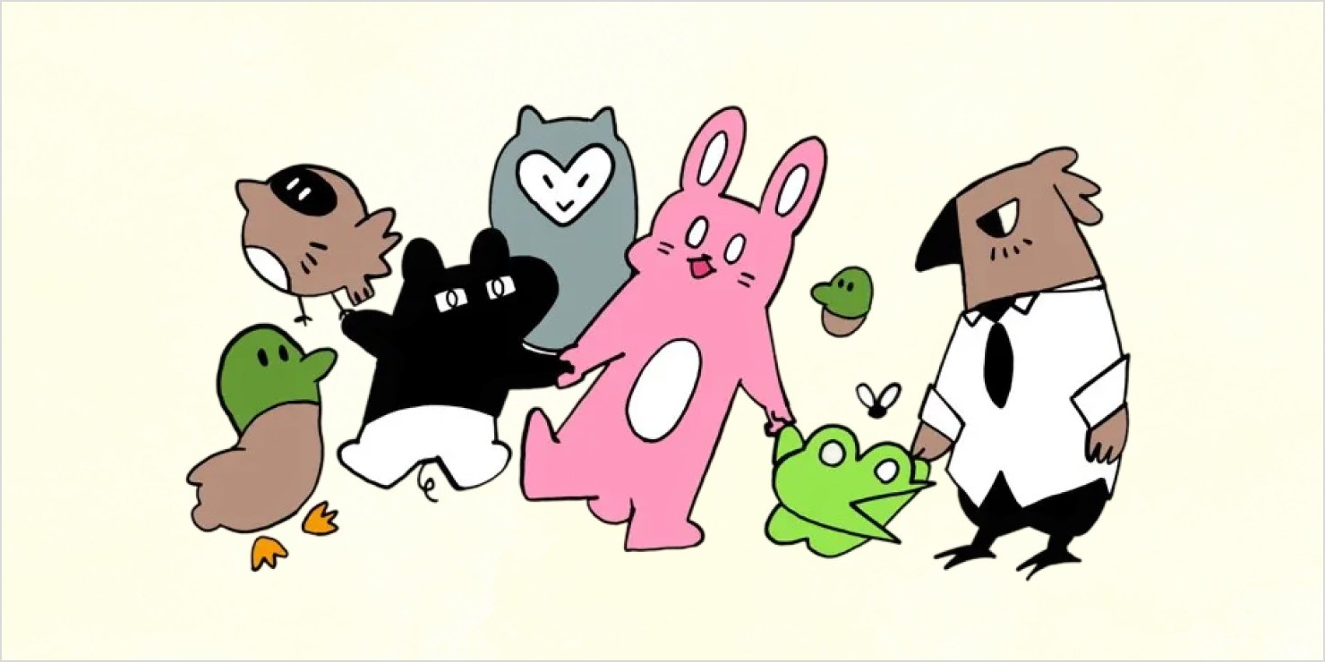 ウサ吉くんと会社のメンバーが手を取り合って、チームの結束を強めている様子。