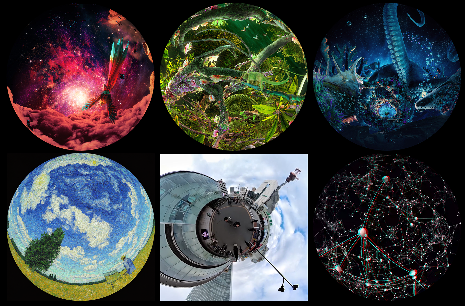 ドーム映像6作品のスクリーンショットを並べた画像