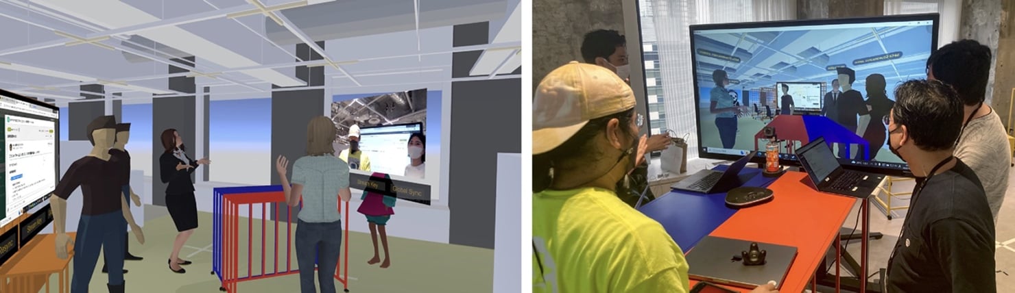 リアル環境の会議参加者がバーチャル環境の様子を、バーチャル環境の会議参加者がリアル環境の様子を見ている。