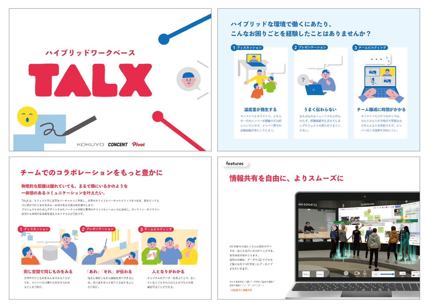 TALXのサービス概要を説明しているスライド。ハイブリッドな環境で働くにあたっての困りごとや、TALXを使ってチームのコラボレーションを豊かにする方法について記載されている。