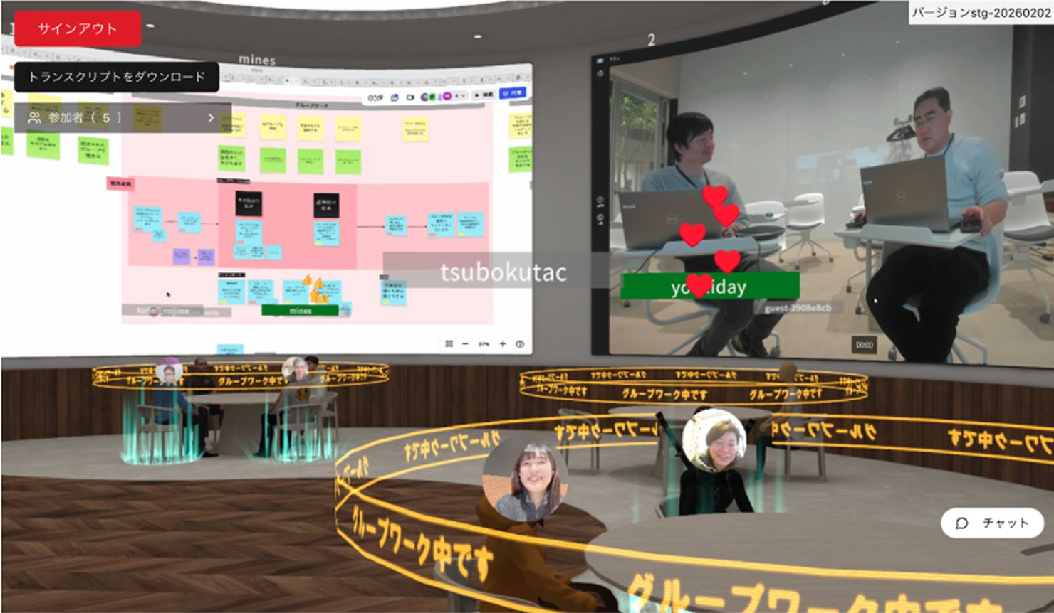 バーチャル空間とリアル空間、それぞれでグループワークが行われている様子
