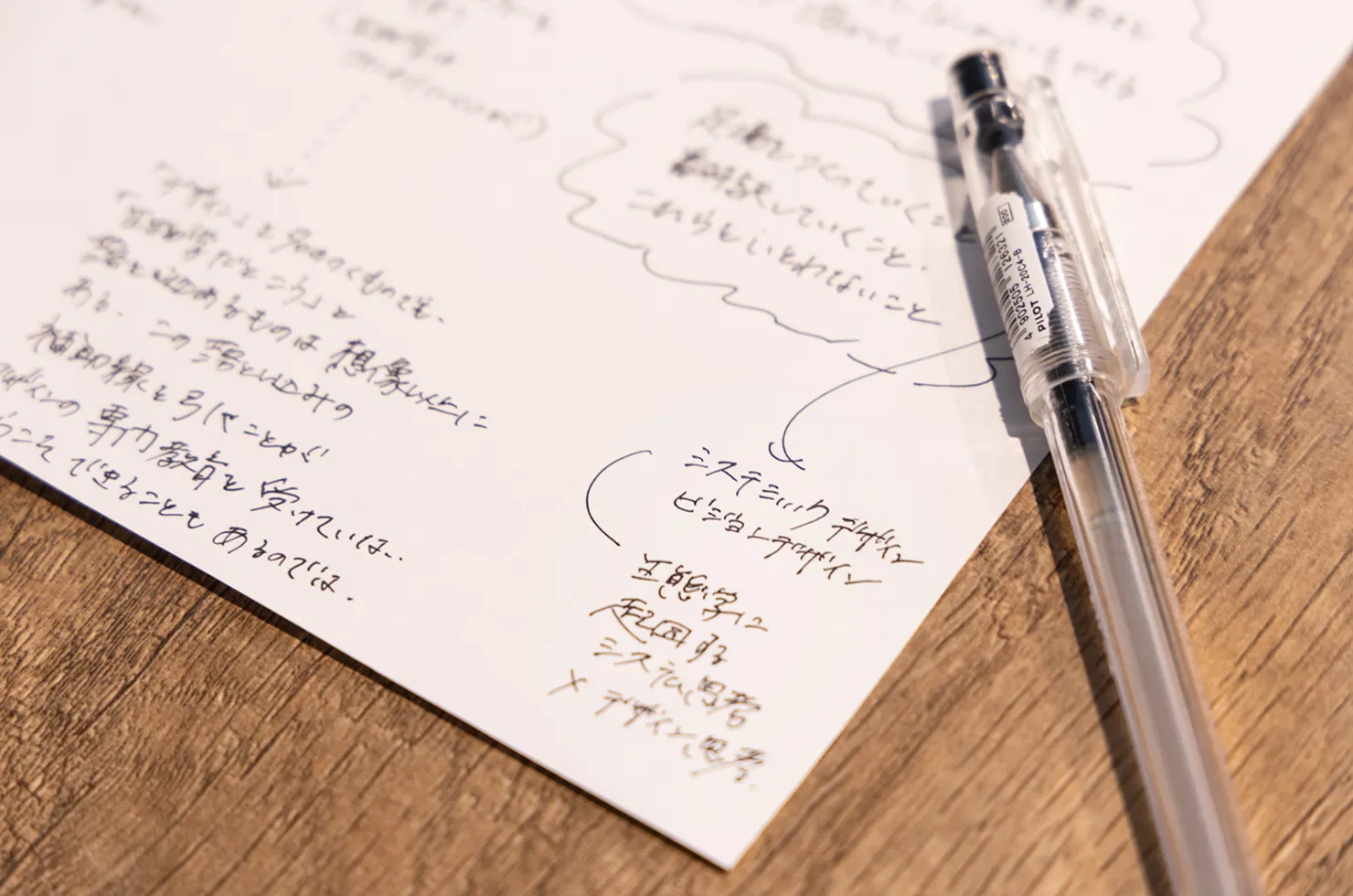 対談中に走り書きされたメモ。システミックデザインについての気付きが書かれている。
