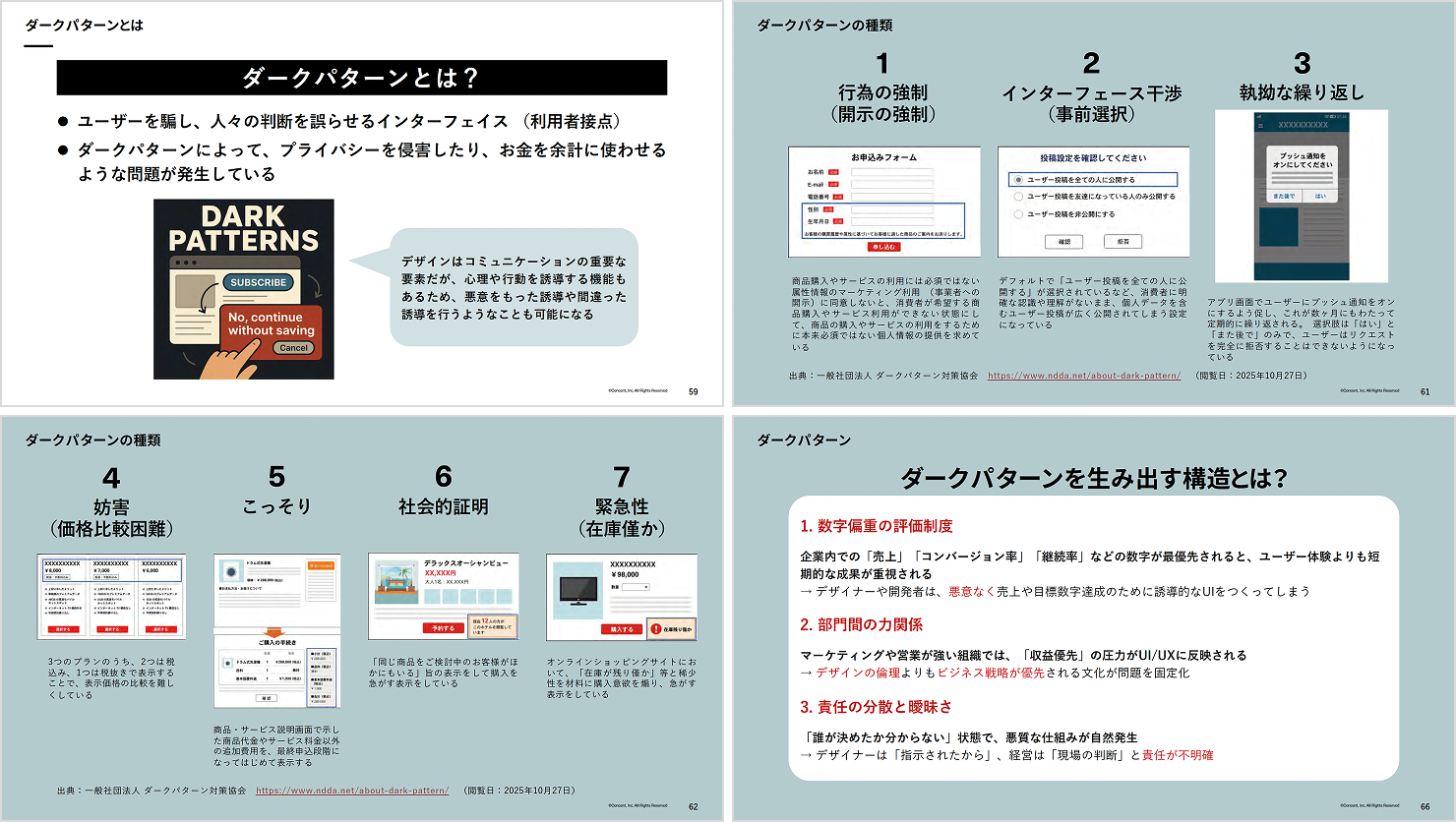 スライド：ダークパターンの概要や種類、生まれてしまう構造について解説している。