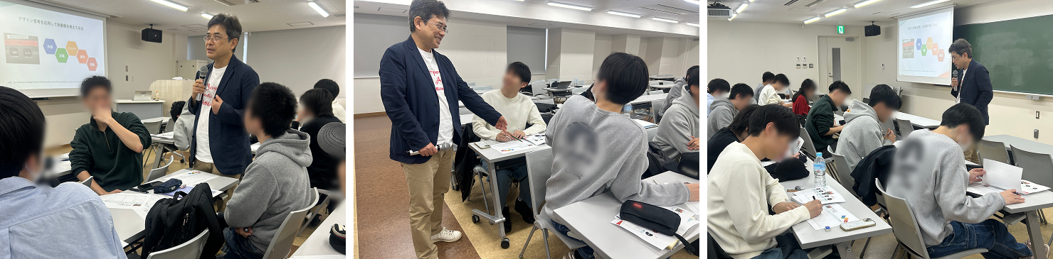 写真：講義中に中野と学生たちが談話している様子。