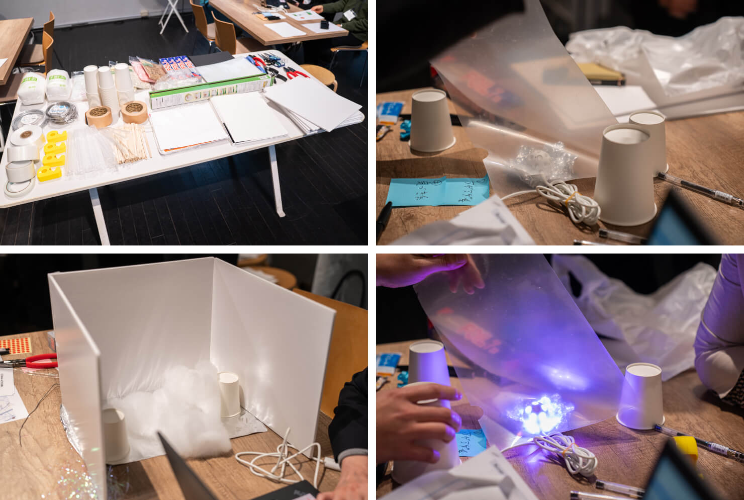 写真。ペーパークッション・手芸用の綿・テープ・紙コップ・アルミホイルなど様々な素材と、IoT試作機