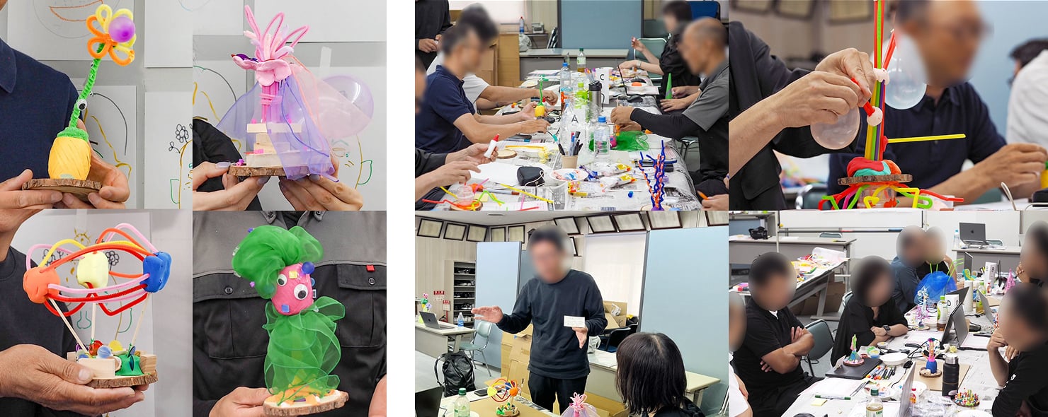 ワークショップの様子をまとめた写真。参加者がモールや紙などの素材を使って作品を制作し、テーブルで作業したり完成した作品を発表している様子。