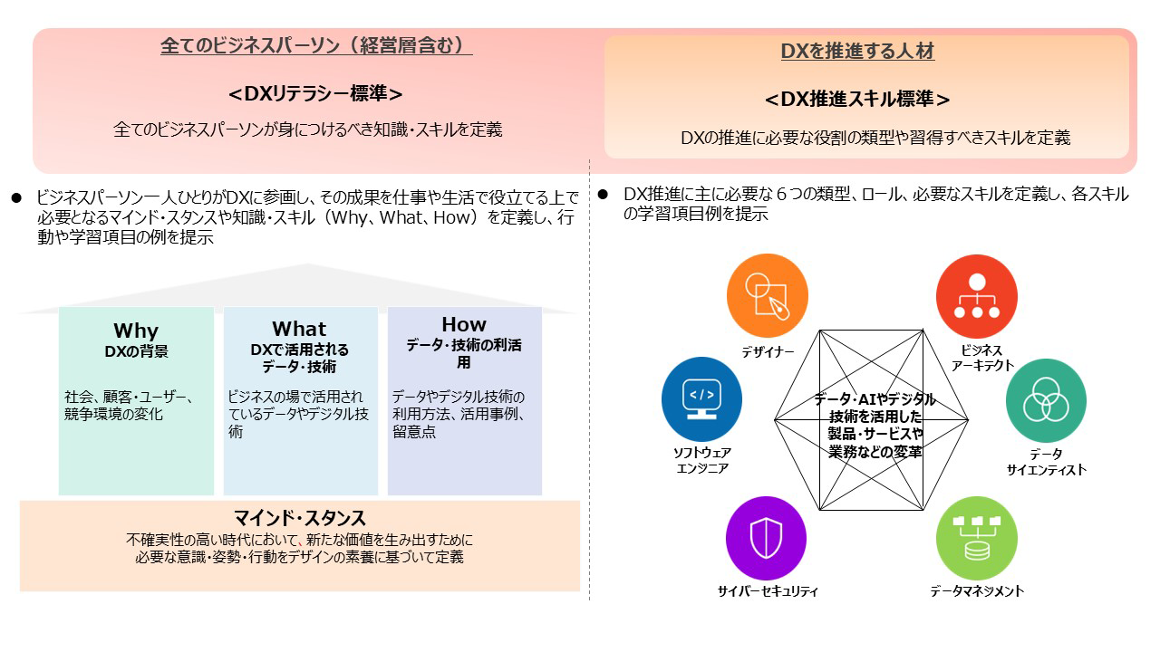 デジタルスキル標準（DSS）の概要説明図。「DXリテラシー標準（DSS-L）」、「DX推進スキル標準（DSS-P）」で構成されており、それぞれの定義するスキルが説明されている。「DX推進スキル標準」においては、データマネジメント類型が新設され、5類型から6類型に再編された。