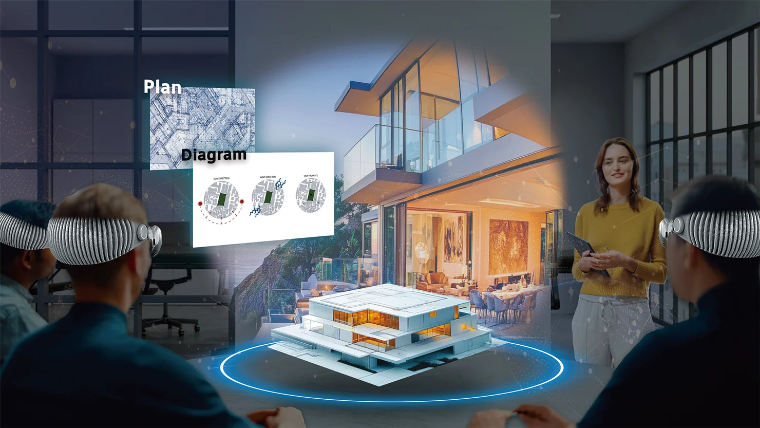 Apple Vision Pro を装着した3名の中央に閲覧イメージとして3Dモデルの建物とその資料が投影されている。奥に黄色い服を着たプレゼンターがいる。