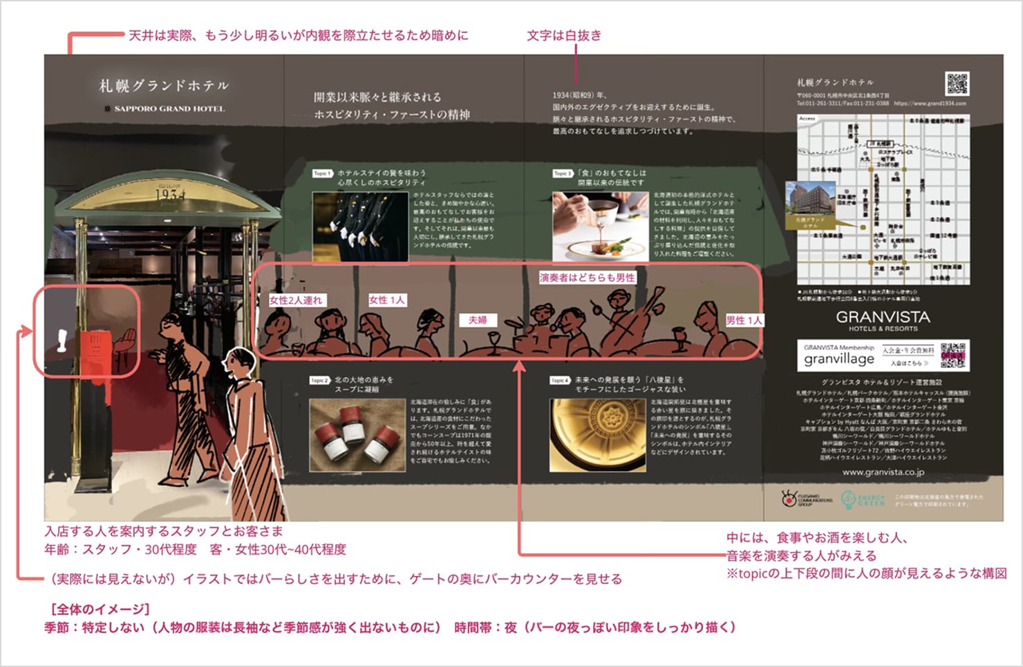 イラストを反映した中期段階の構成ラフ。色付きのイラストを用いて、レイアウトや情報配置の検討が行われている。