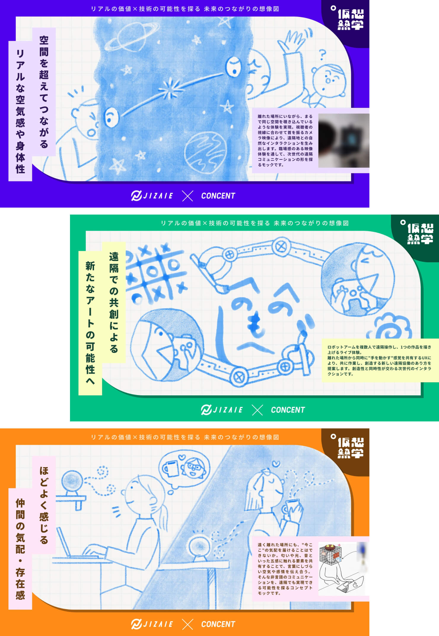ワークショップで出たアイデアを可視化したイラストを使用したスライド3枚。アイデアが実現した具体的なシーンを、水色1色でラフ感のあるタッチを用いて描いている。