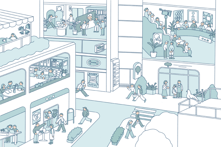 冊子内のイラストレーション。オフィスや街の様子を表している。