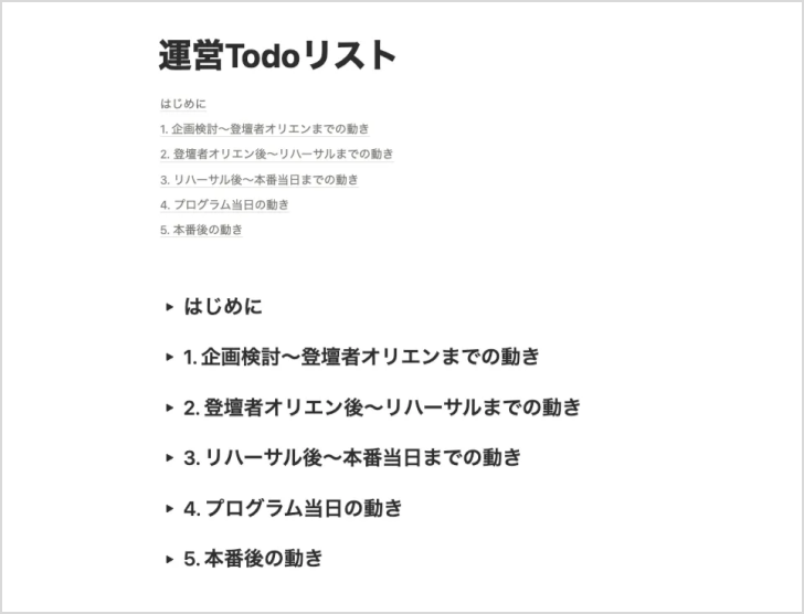 運営Todoリストのキャプチャ。企画検討から本番後の動きまでリスト化されている。