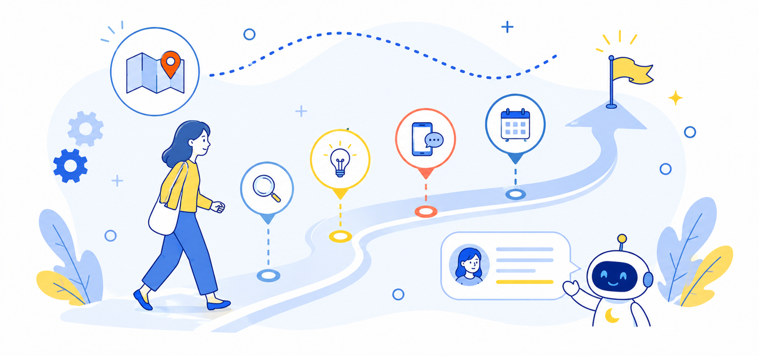 サービス利用のイメージを、人物、AI、地図やカレンダーのアイコンで道筋として表したイラスト