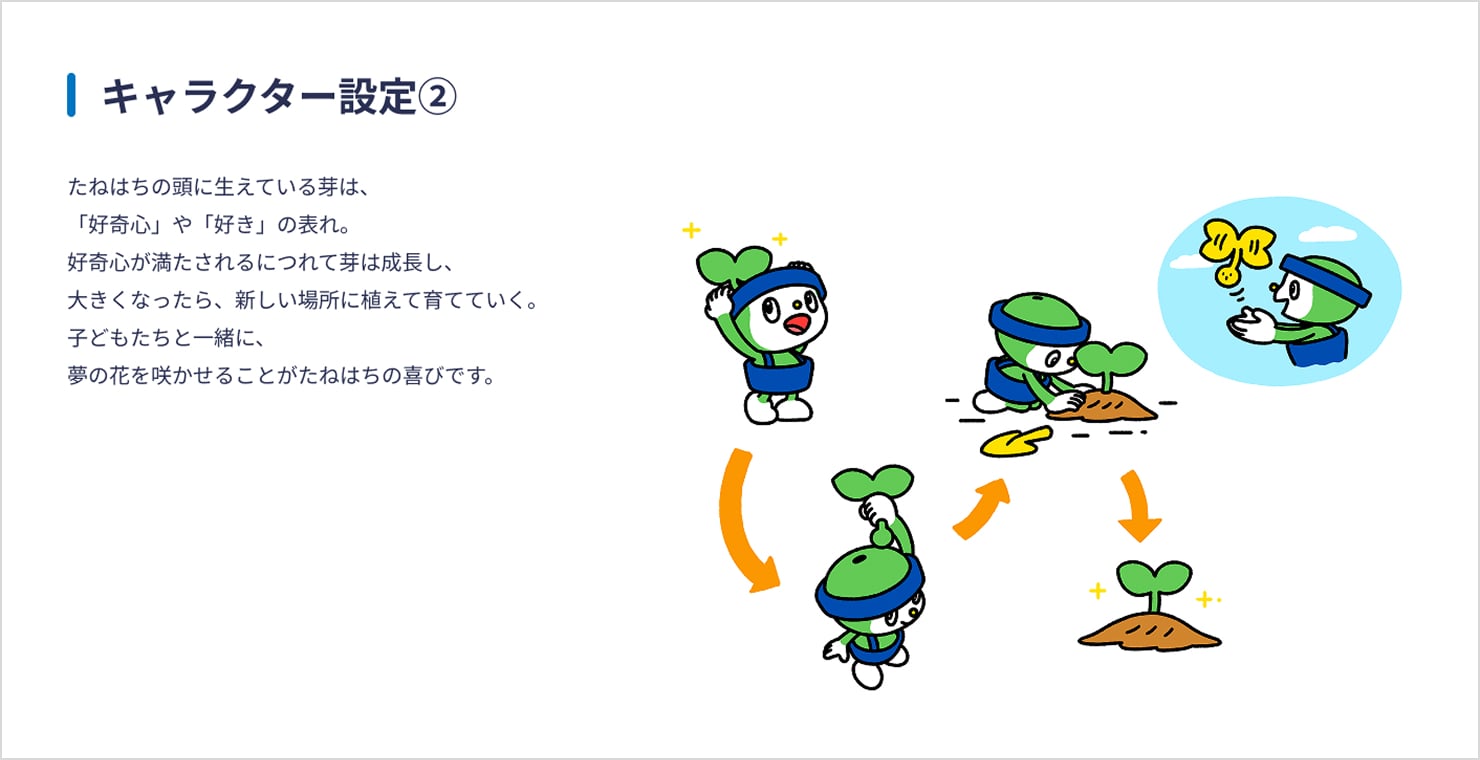 キャラクターの設定資料の一部。たねはちの頭に生えている芽には、子どもたちの好奇心や「好き」の気持ちが込められており、たねはちとともに成長する。