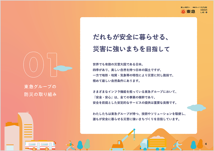 レポートの中面の1ページ。01 東急グループの防災の取り組み