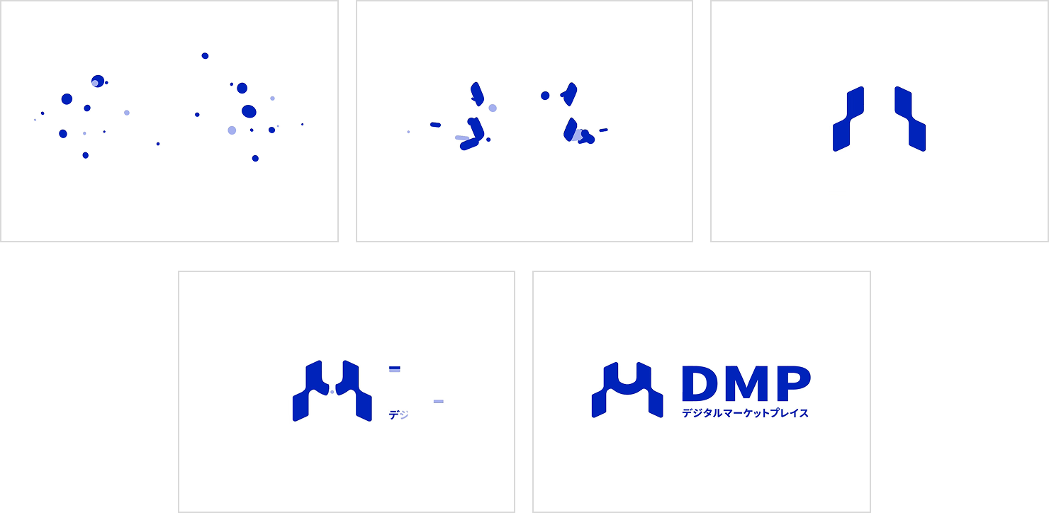 DMPモーションロゴのイメージ。青い光の粒子が中央に集まり、ロゴマークが形成される過程のカット。