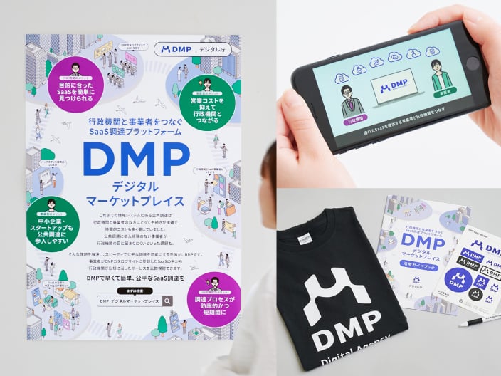 制作したポスターや、動画、Tシャツやステッカーなどのノベルティを組み合わせたビジュアル。