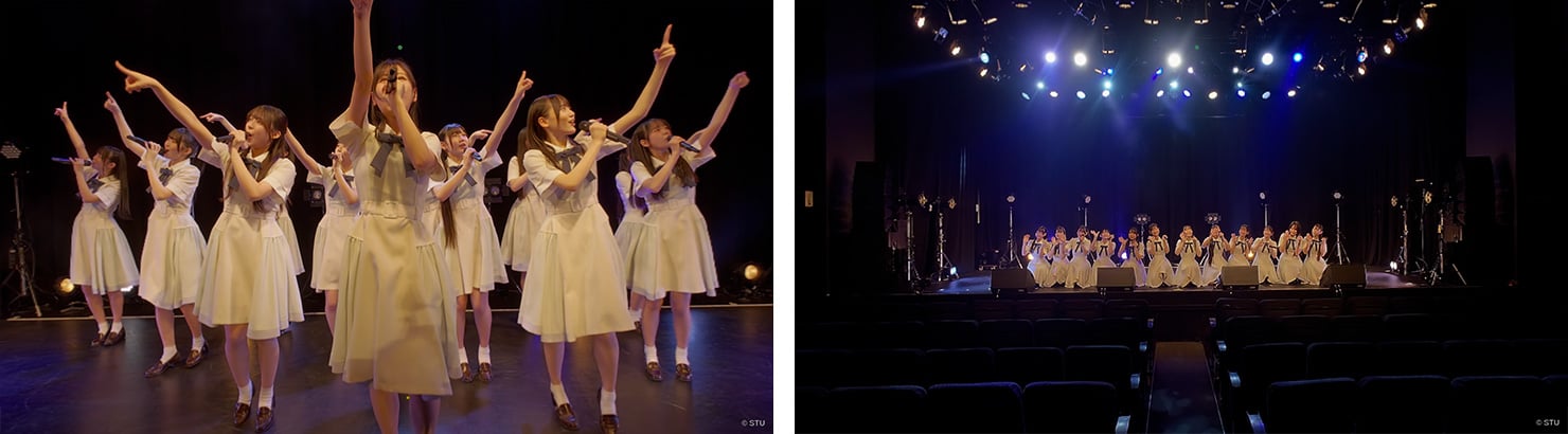 STU48のパフォーマンスの1シーン。2点並んでいる。左は、センターポジションの演者からの距離が近い画像。右は離れた位置から撮影された画像。